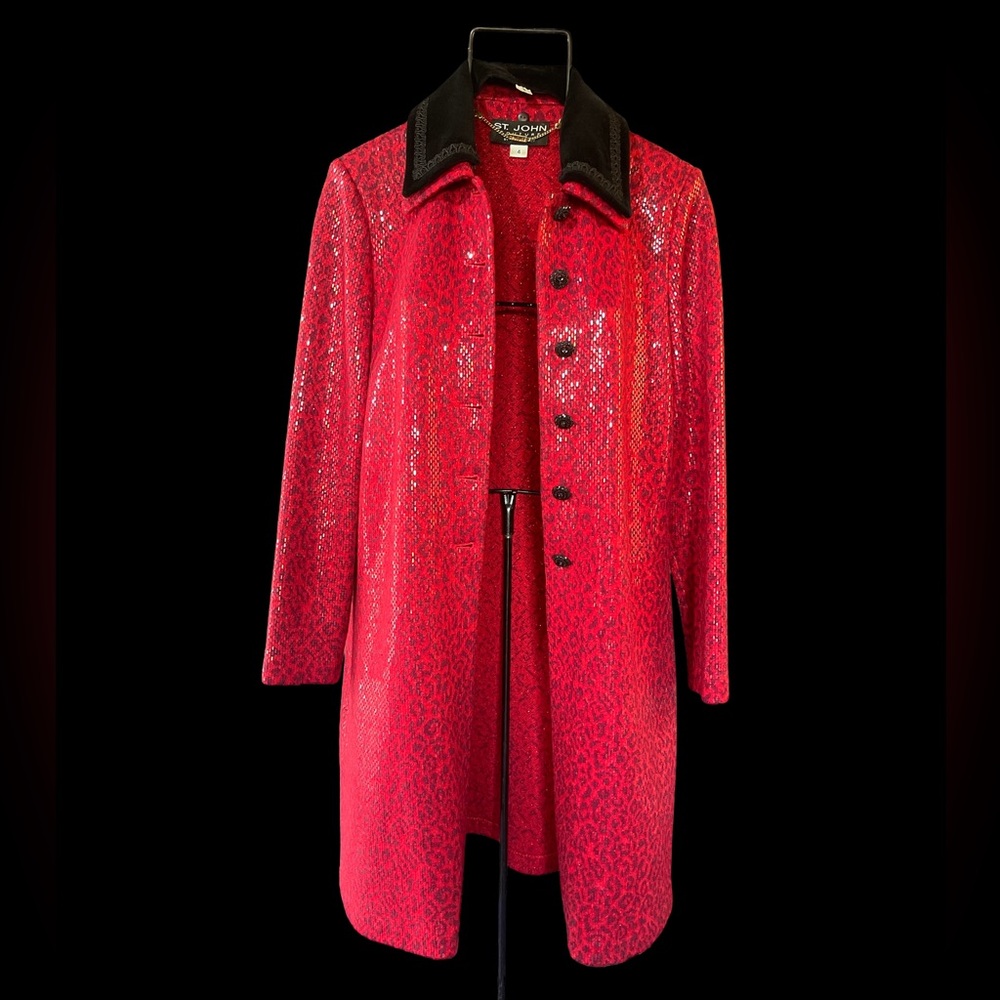 VERY RARE St. John Red Sequin Leopard Print Coat with Black Collar